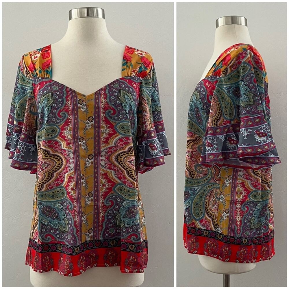 Umgee Paisley Floral Top Boho Ruffle Patchwork Vibrant Bold Colorful Size Small